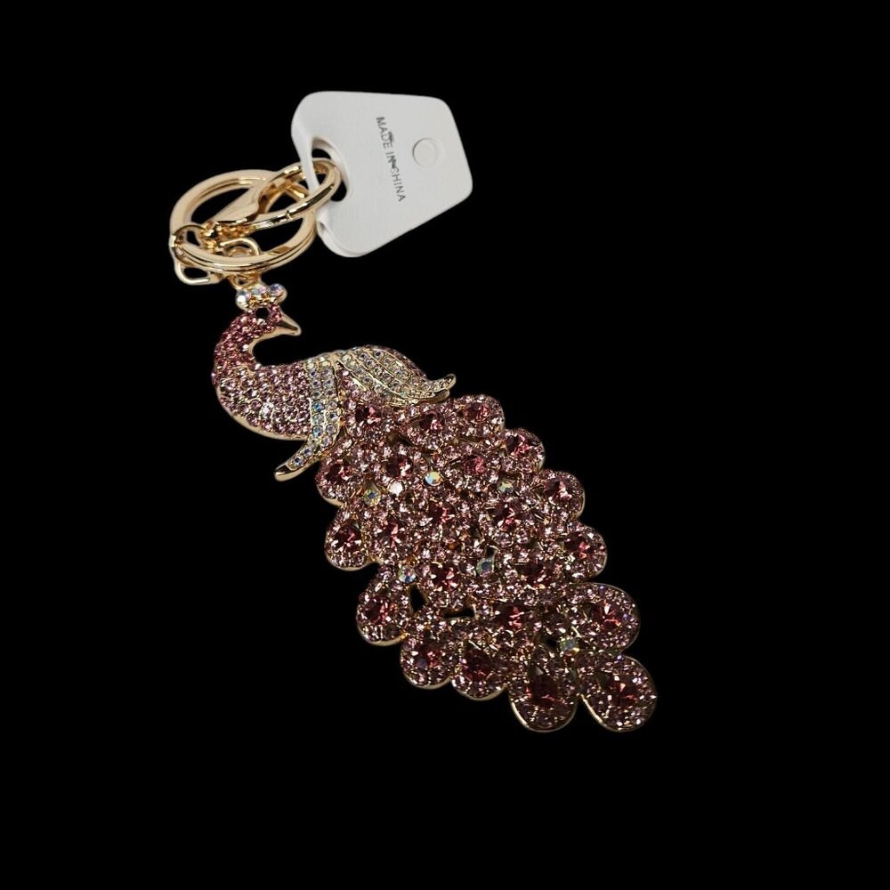 Large pink Rhinestone Peacock Bag Charm or Key Chain